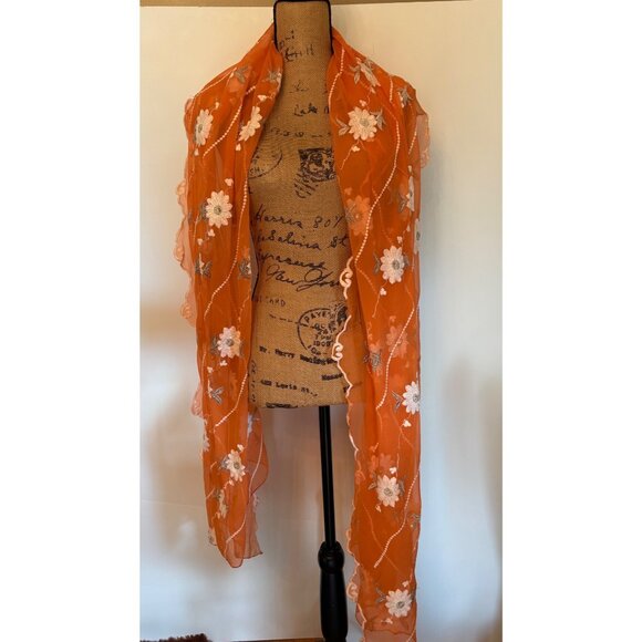 Orange Floral Embroidered Sheer Scarf Wrap Shawl - Picture 6 of 12